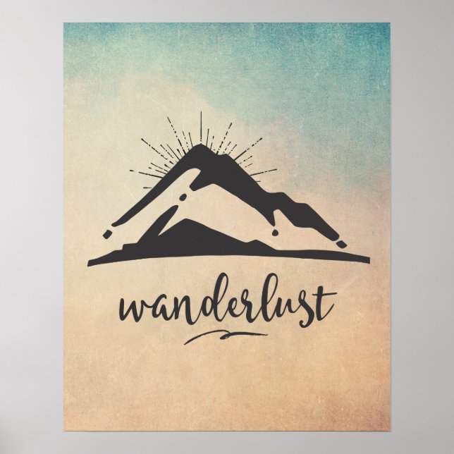 Affiches Mountain with Sunrays - Wanderlust Typography (Devant)