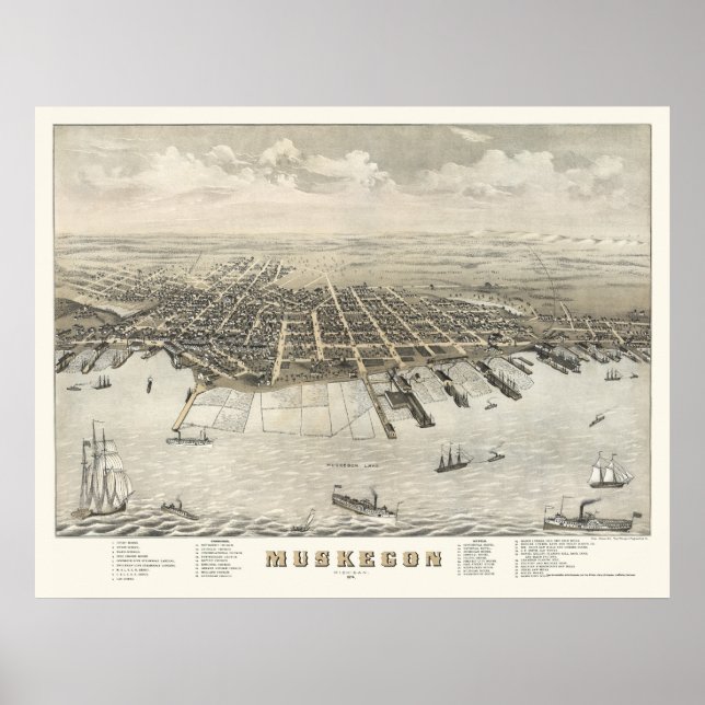 Affiches Muskegon, MI Carte panoramique -1874 (Devant)