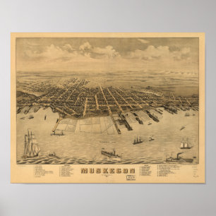 Affiches Muskegon Michigan 1874 Antique carte panoramique