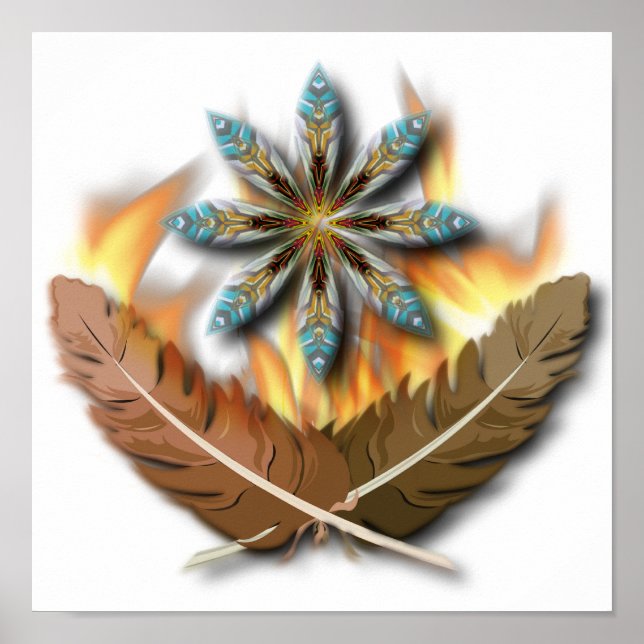 Affiches natif plumes de faucon à queue rouge et flammes nu (Devant)