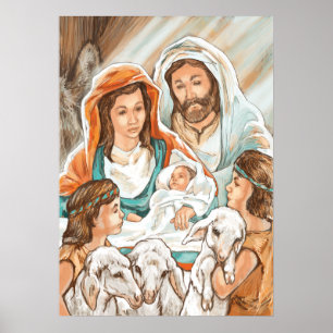 Affiches Nativity Painting with Little Shepherd Boys