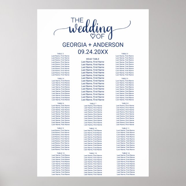 Affiches Navy Blue Calligraphy Head Table Seating Chart (Devant)