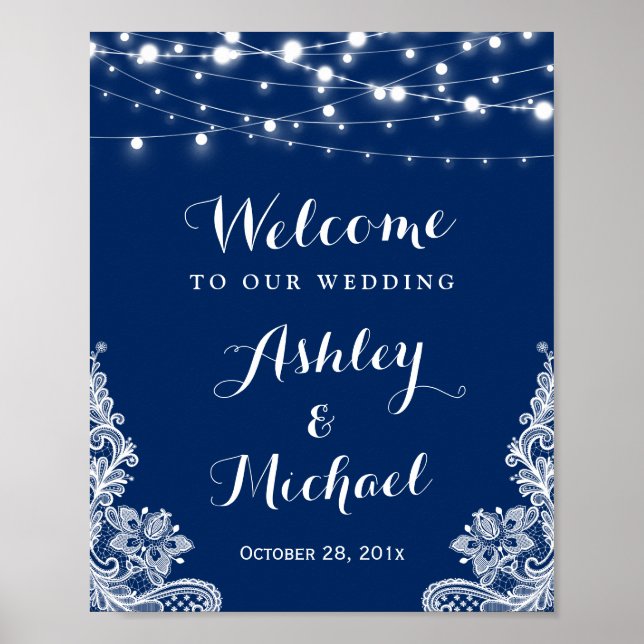 Affiches Navy Blue String Lights White Lace Wedding Sign (Devant)