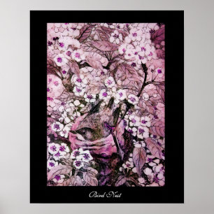 AFFICHES NEST D'OISEAU, ARBRE ROSE BLANC FLEURS DE PRINTEMP