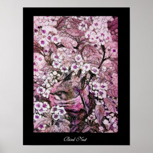 AFFICHES NEST D'OISEAU, ARBRE ROSE BLANC FLEURS DE PRINTEMP