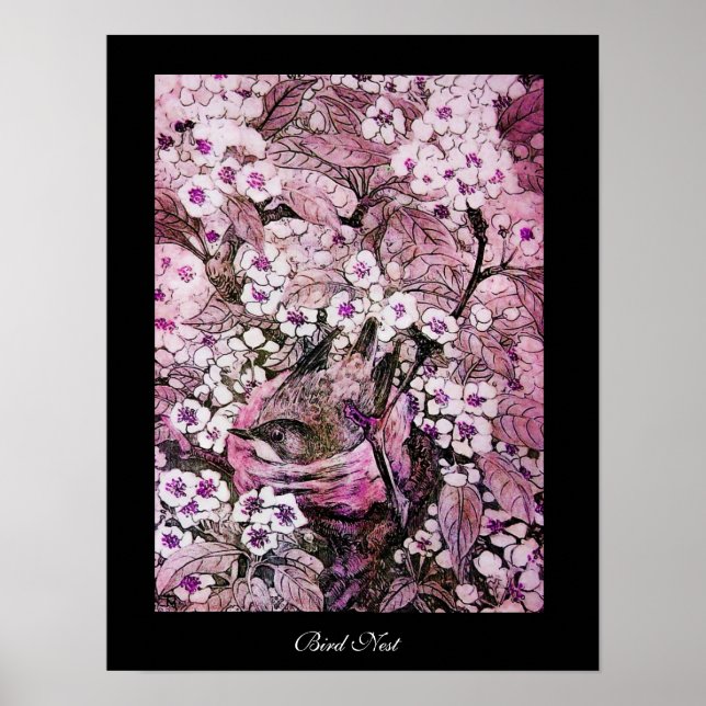 AFFICHES NEST D'OISEAU, ARBRE ROSE BLANC FLEURS DE PRINTEMP (Devant)