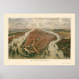 Affiches New York, carte panoramique de NY - 1865