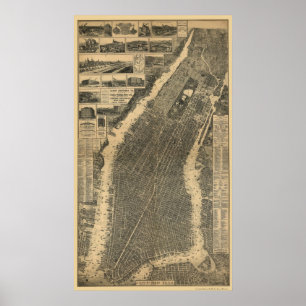 Affiches New York, carte panoramique de NY - 1879