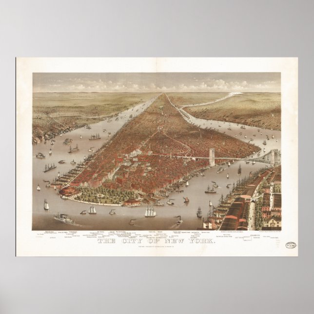 Affiches New York City 1884 Carte panoramique antique (Devant)