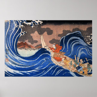 Affiches Nichiren calme une tempête à Kakuda, Kuniyoshi