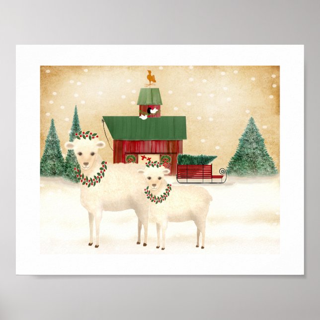 Affiches Noël à la ferme des moutons ajoutez votre propre t (Devant)
