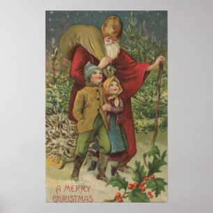 Affiches Noël GreetingSanta marchant avec des enfants