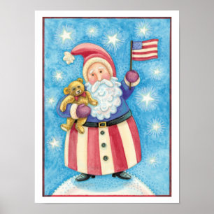 Affiches Noël mignon, Père Noël patriotique avec drapeau