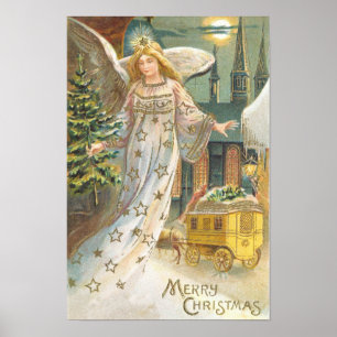 Affiches Noël vintage, ange victorien avec arbre