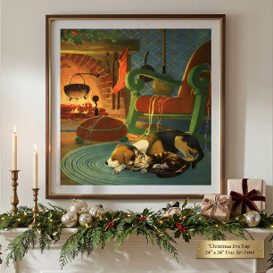 Affiches Noël vintage, Animaux endormis près de la cheminée