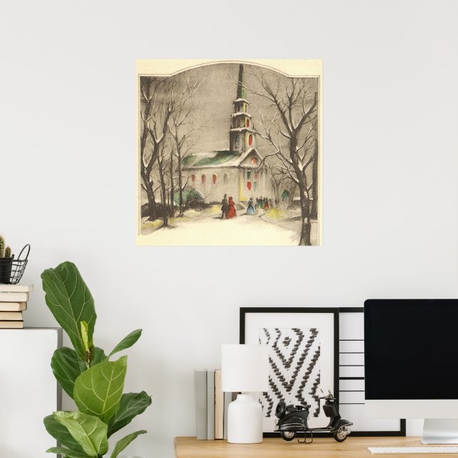 Affiches Noël vintage, Eglise dans le paysage hivernal (Bureau à domicile)