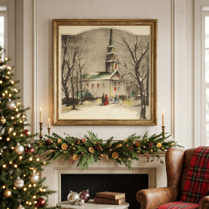 Affiches Noël vintage, église dans un paysage enneigé d'hiv