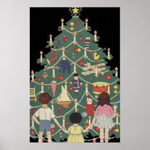 Affiches Noël vintage Enfants autour d'un arbre décoré