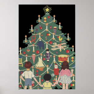 Affiches Noël vintage Enfants autour d'un arbre décoré