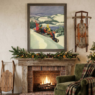 Affiches Noël vintage, enfants faisant de la luge sur une m