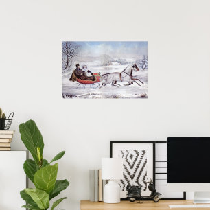 Affiches Noël Vintage, La Route Hiver, Cheval Sleigh