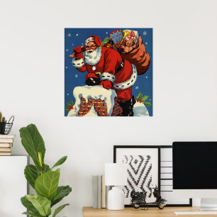 Affiches Noël vintage, le Père Noël descend par la cheminée