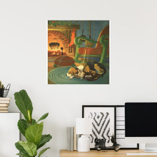 Affiches Noël Vintage, Les animaux dormant par cheminée
