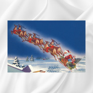 Affiches Noël Vintage, Père Noël Flying Sleigh w Reindeer