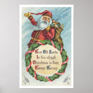 Affiches Noël vintage, Père Noël victorien sur couronne