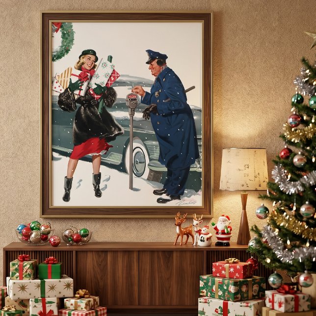 Affiches Noël Vintage, Shopping Présente Policeman (Vintage illustration Christmas design featuring a lady carrying presents with a police officer.)