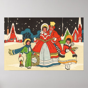 Affiches Noël vintage, une famille chantant des chants de N
