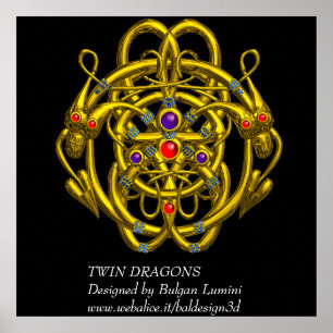 AFFICHES NŒUDS CELTIQUES D'OR AVEC DRAGONS JUMEAUX