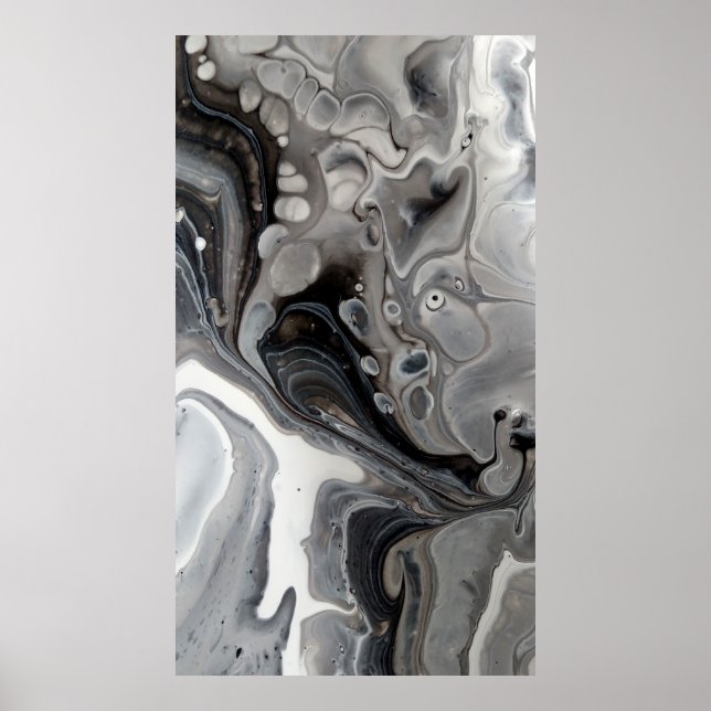 Affiches Noir blanc Fluid Marbre Abstrait gris argent (Devant)