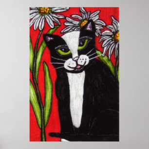 Affiches Noir Blanc Tuxedo Chat Blanc Daisis Rouge
