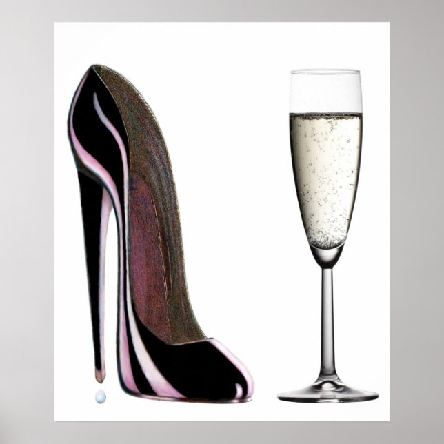 Affiches Noir Stiletto Chaussure et Champagne Imprimer (Devant)