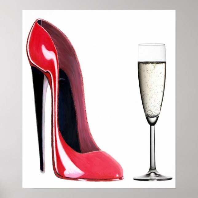 Affiches Noir talon Rouge Stiletto Chaussure et Champagne I (Devant)
