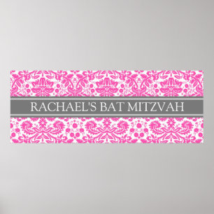 Affiches Nom personnalisé bat mitzvah Bannière Damas rose