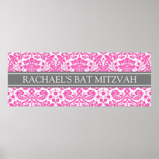 Affiches Nom personnalisé bat mitzvah Bannière Damas rose (Devant)