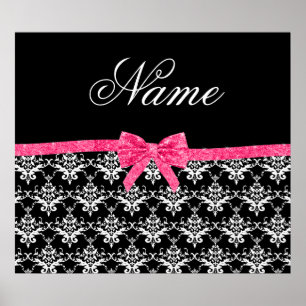 Affiches Nom personnalisé noir blanc damassé rose arc parti