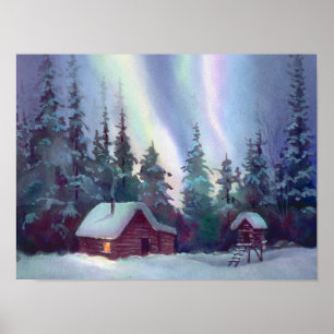 Affiches NORTHERN LIGHTS & LOG CABINE par SHARON SHARPE