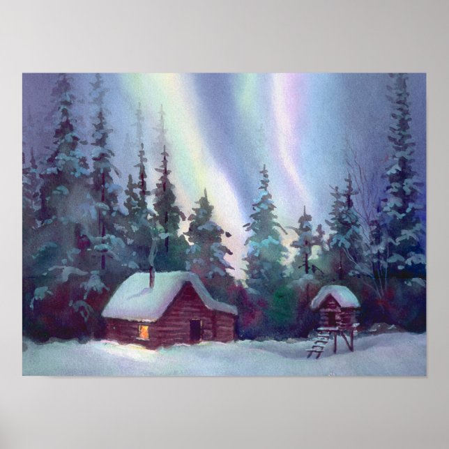 Affiches NORTHERN LIGHTS & LOG CABINE par SHARON SHARPE (Devant)