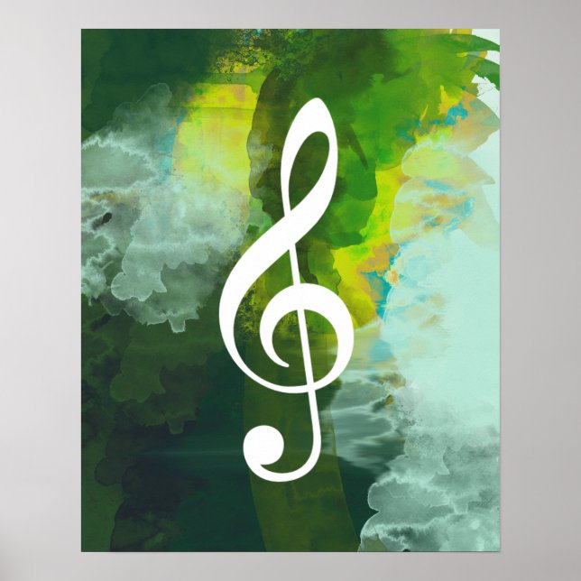 Affiches note musicale, clef à trois, aquarelle verte (Devant)