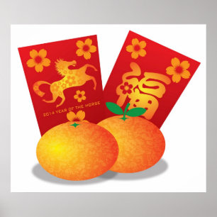 Affiches Nouvelle année chinoise des mandarines de cheval