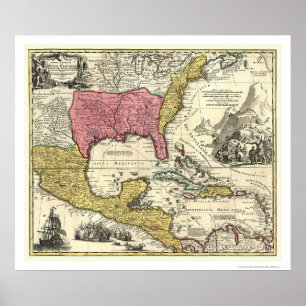 Affiches Nouvelle carte 1712 de l'Espagne Amérique