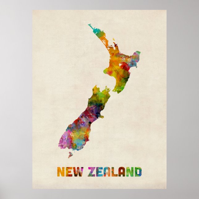 Affiches Nouvelle-Zélande, Carte de l'aquarelle (Devant)