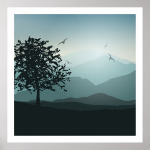 Affiches Nuances d'arbre isolé de bleus verts de Smokey de