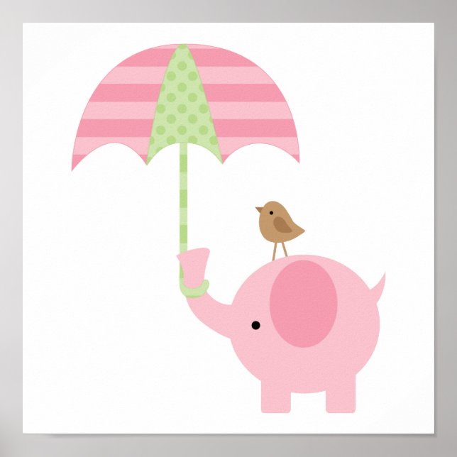 Affiches Nursery Fille Éléphant Rose Mignon (Devant)