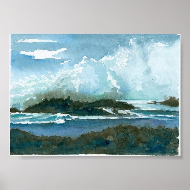 Affiches Ocean Hawaii Oahu Waves Splash Watercolor Art (Devant)