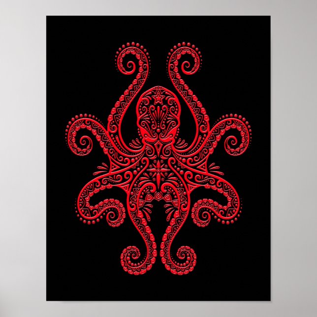 Affiches Octopus rouge complexe sur noir (Devant)