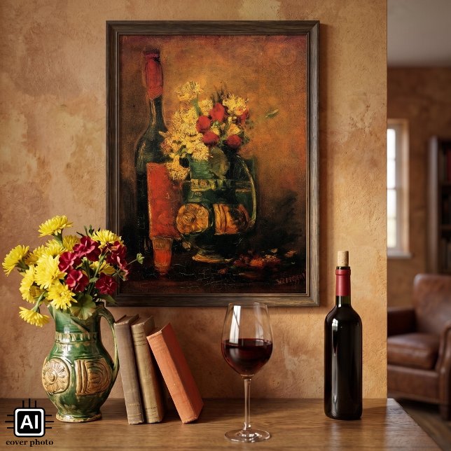 Affiches Œillets, Roses et une Bouteille par Vincent van Go (Vase with Carnations, Roses and Bottle by Vincent van Gogh is a vintage post impressionism painting.)